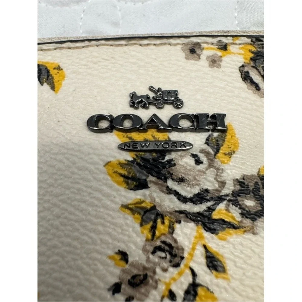 Coach Floral Mini Wristlet Cream Yellow Black Rose Print Zip Pouch